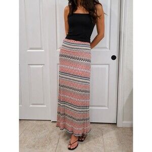 American Rag Boho Tribal Print Maxi Skirt Women's Coral Pink Stretch Long Skirt